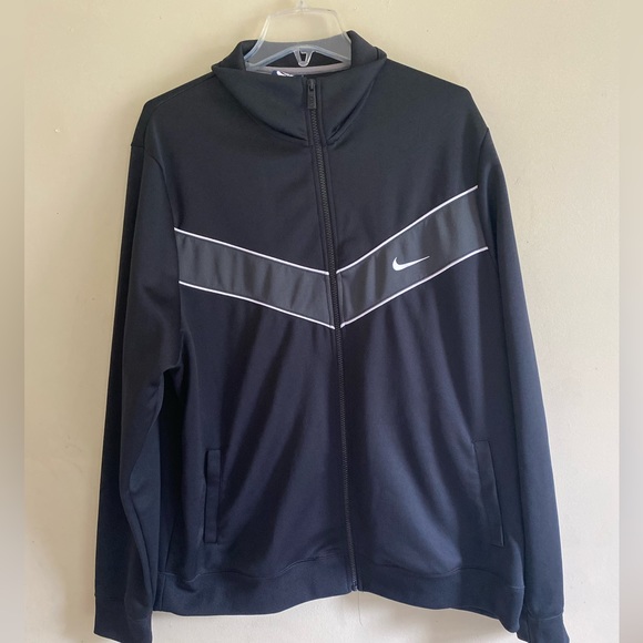 Nike Other - Nike Zipper Up Nylon Jacket Large Black Charcoal w White Trim Pockets Collared